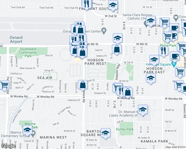 map of restaurants, bars, coffee shops, grocery stores, and more near 1244 Nautical Way in Oxnard