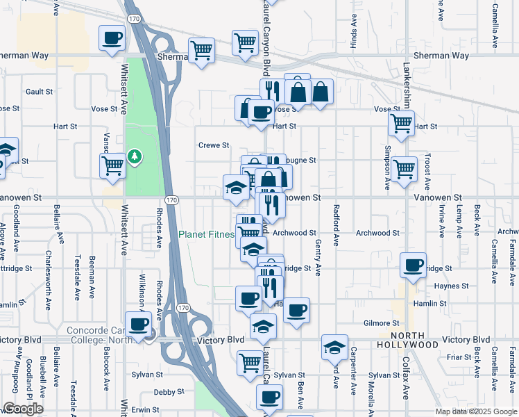 map of restaurants, bars, coffee shops, grocery stores, and more near 6745 Laurel Canyon Boulevard in Los Angeles