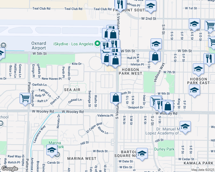 map of restaurants, bars, coffee shops, grocery stores, and more near 835 Noontide Way in Oxnard