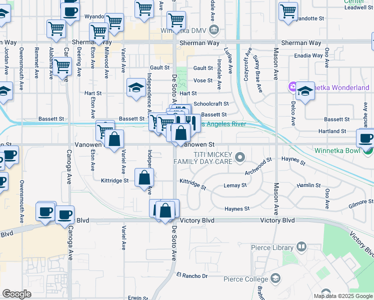 map of restaurants, bars, coffee shops, grocery stores, and more near 6804 De Soto Avenue in Los Angeles