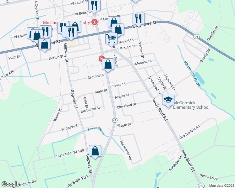 map of restaurants, bars, coffee shops, grocery stores, and more near 100-198 Lewis Street in Mullins