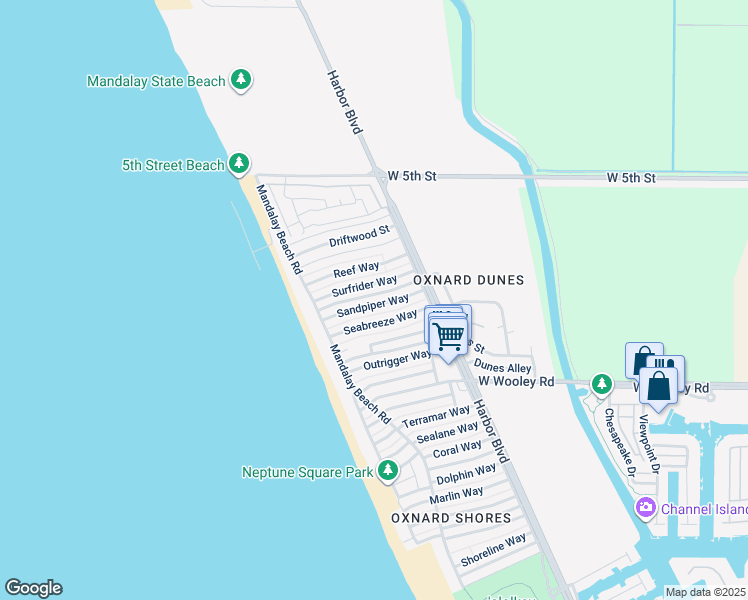 map of restaurants, bars, coffee shops, grocery stores, and more near 5221 Surfrider Way in Oxnard