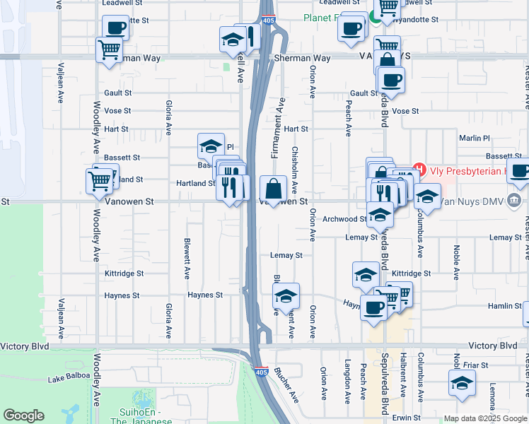 map of restaurants, bars, coffee shops, grocery stores, and more near 15624 Vanowen Street in Los Angeles
