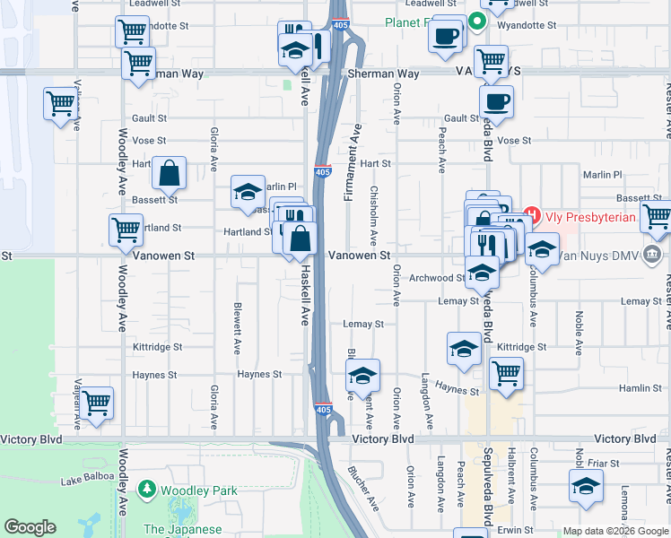 map of restaurants, bars, coffee shops, grocery stores, and more near 15624 Vanowen Street in Los Angeles