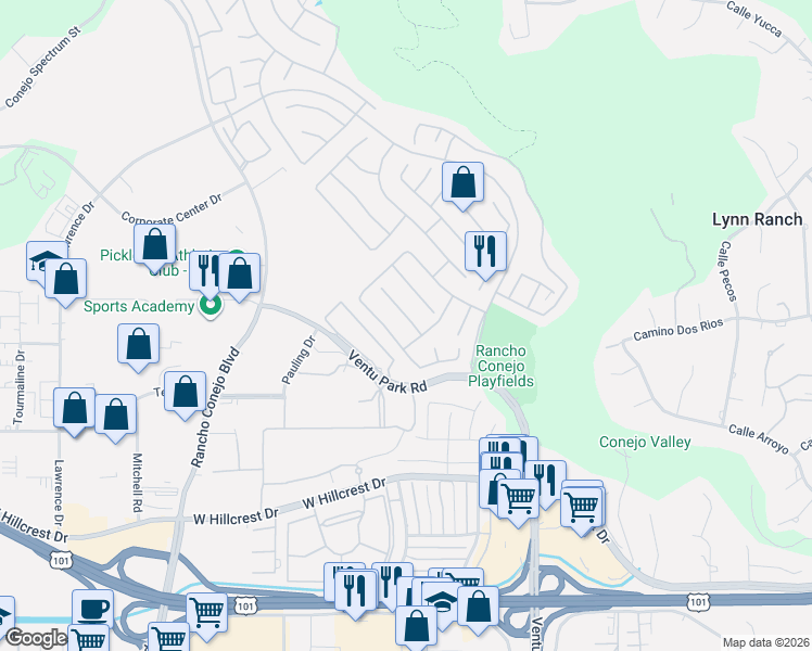 map of restaurants, bars, coffee shops, grocery stores, and more near 1720 Blossom Court in Thousand Oaks