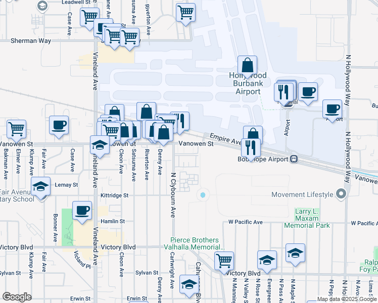 map of restaurants, bars, coffee shops, grocery stores, and more near 6736 Vanowen Street in Burbank