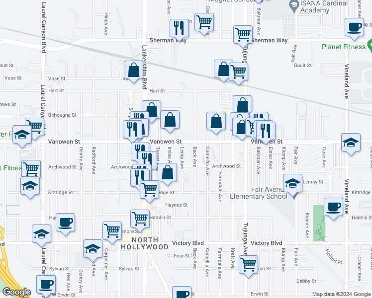 map of restaurants, bars, coffee shops, grocery stores, and more near 11604 Vanowen Street in Los Angeles