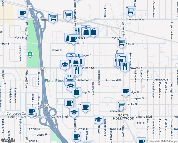 map of restaurants, bars, coffee shops, grocery stores, and more near 11943 Vanowen Street in Los Angeles