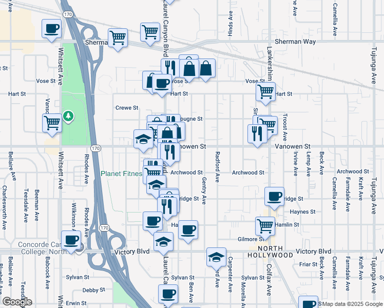 map of restaurants, bars, coffee shops, grocery stores, and more near 12019 Vanowen Street in Los Angeles