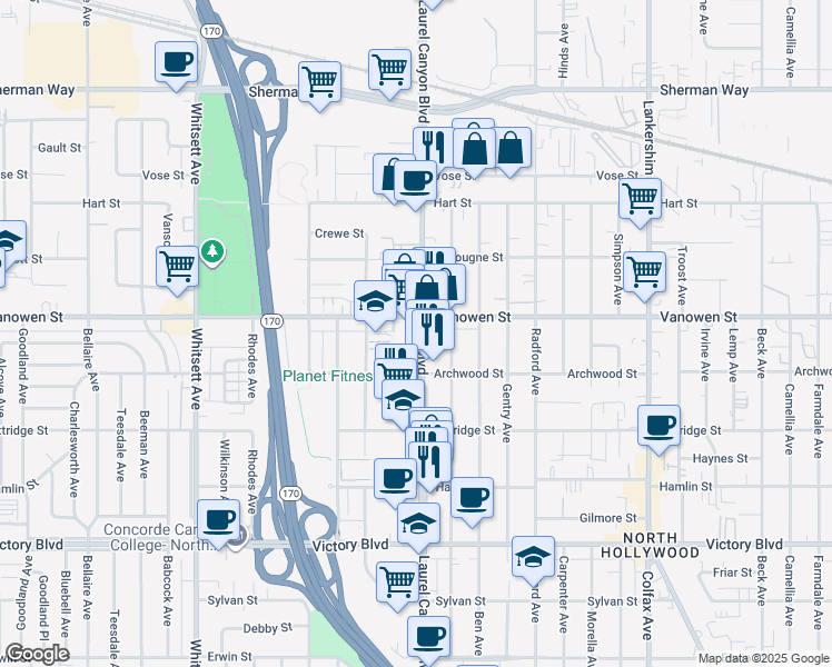 map of restaurants, bars, coffee shops, grocery stores, and more near 12054 Vanowen Street in Los Angeles