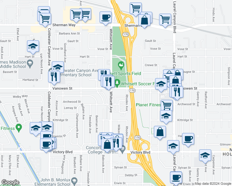 map of restaurants, bars, coffee shops, grocery stores, and more near Vanowen Street in Los Angeles