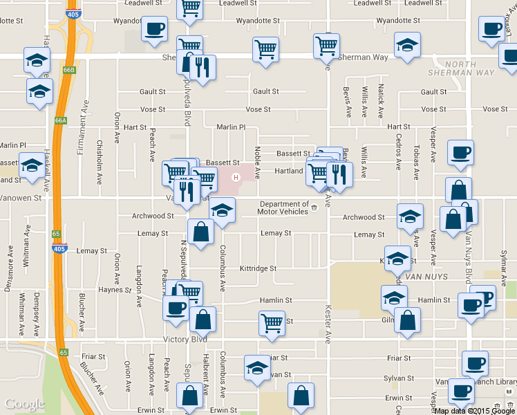 map of restaurants, bars, coffee shops, grocery stores, and more near 6815 Noble Avenue in Los Angeles
