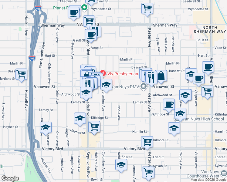 map of restaurants, bars, coffee shops, grocery stores, and more near 6815 Noble Avenue in Los Angeles