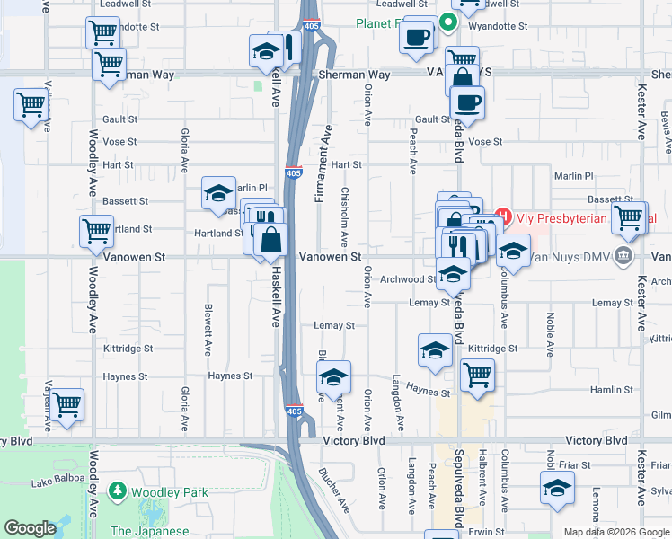 map of restaurants, bars, coffee shops, grocery stores, and more near 6802 Chisholm Avenue in Los Angeles