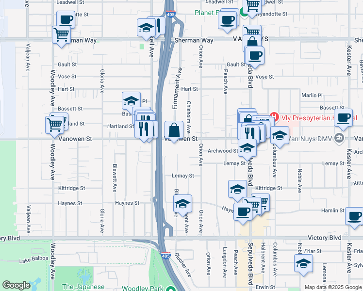 map of restaurants, bars, coffee shops, grocery stores, and more near 6803 Firmament Avenue in Los Angeles