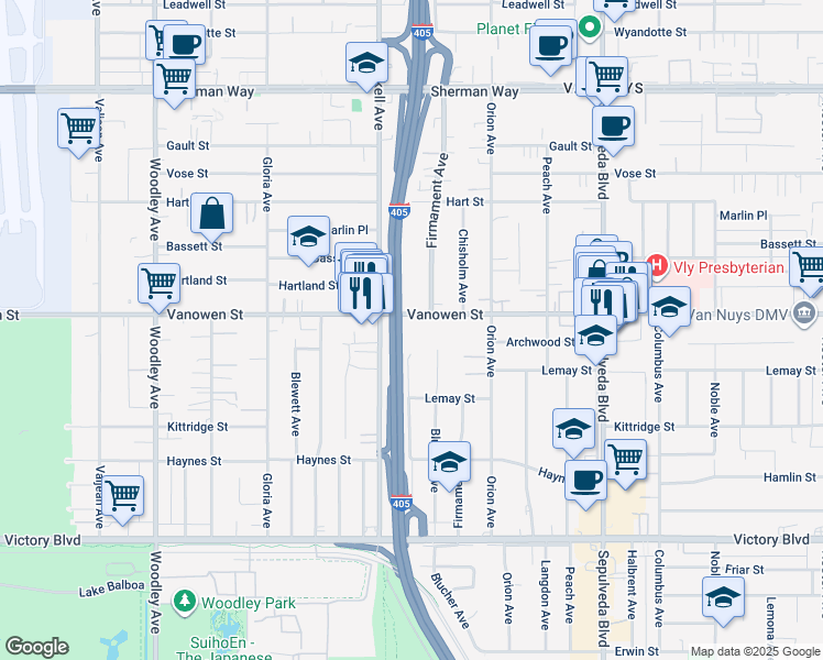 map of restaurants, bars, coffee shops, grocery stores, and more near 6803 Firmament Avenue in Los Angeles