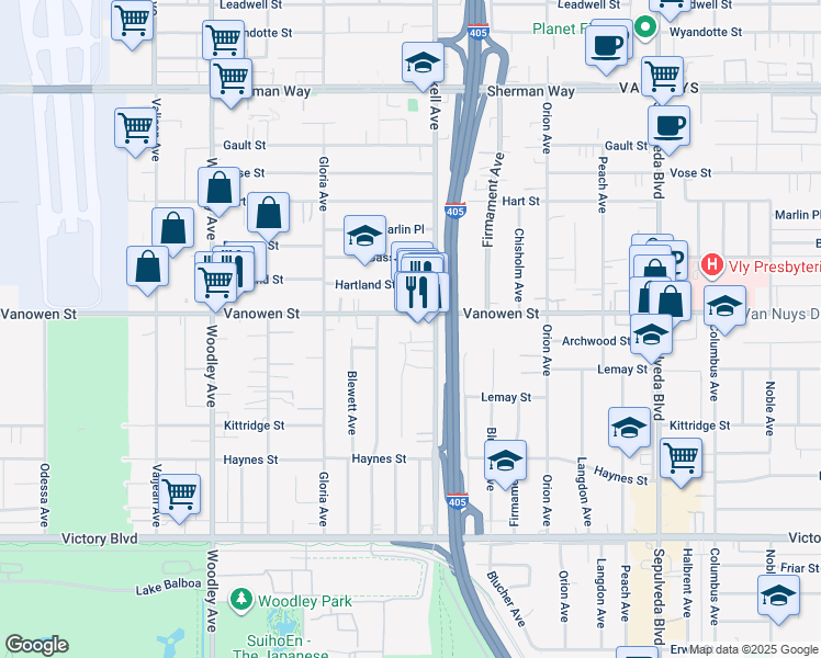 map of restaurants, bars, coffee shops, grocery stores, and more near 15727 Vanowen Street in Los Angeles