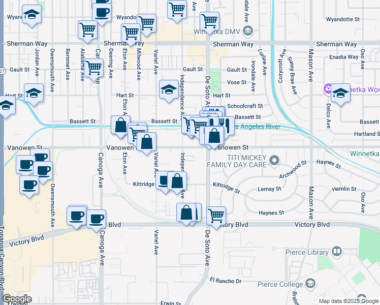 map of restaurants, bars, coffee shops, grocery stores, and more near 20935 Vanowen Street in Los Angeles