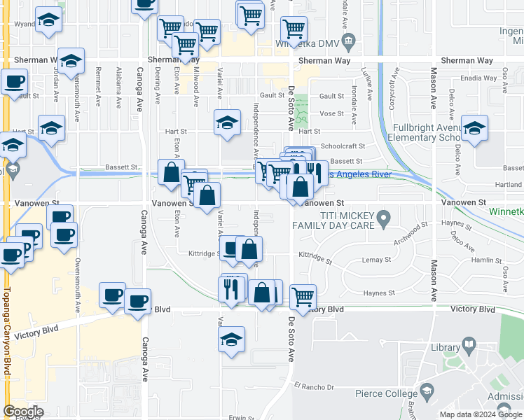 map of restaurants, bars, coffee shops, grocery stores, and more near 20935 Vanowen Street in Los Angeles