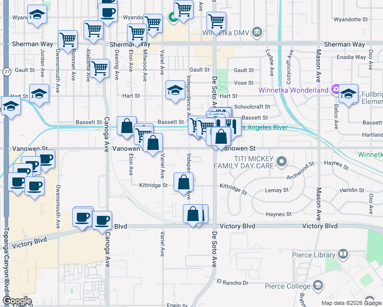 map of restaurants, bars, coffee shops, grocery stores, and more near 20935 Vanowen Street in Los Angeles