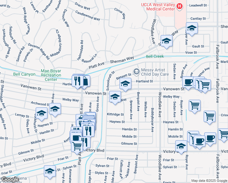 map of restaurants, bars, coffee shops, grocery stores, and more near 23404 Hartland Street in Los Angeles
