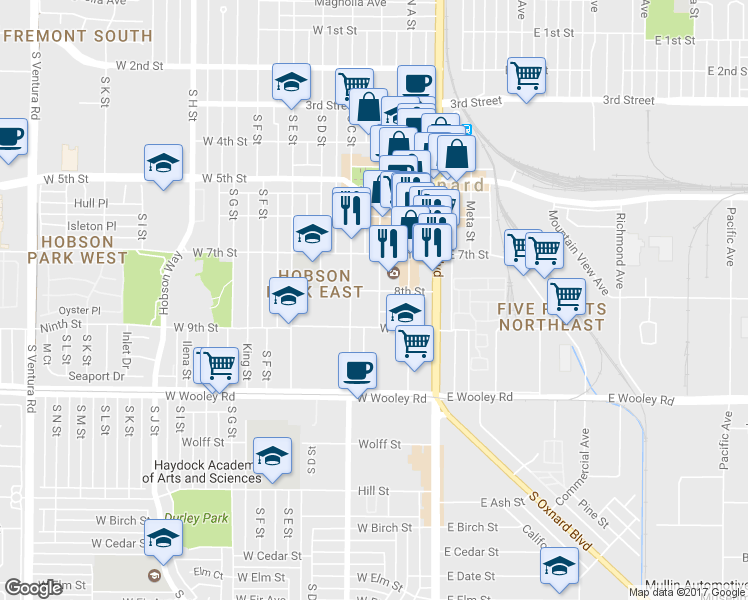 map of restaurants, bars, coffee shops, grocery stores, and more near 750 South B Street in Oxnard