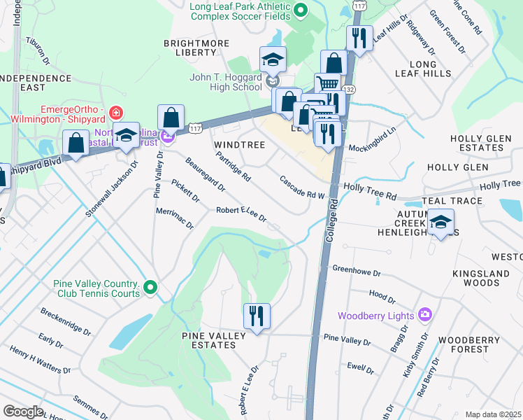 map of restaurants, bars, coffee shops, grocery stores, and more near 126 Partridge Road in Wilmington
