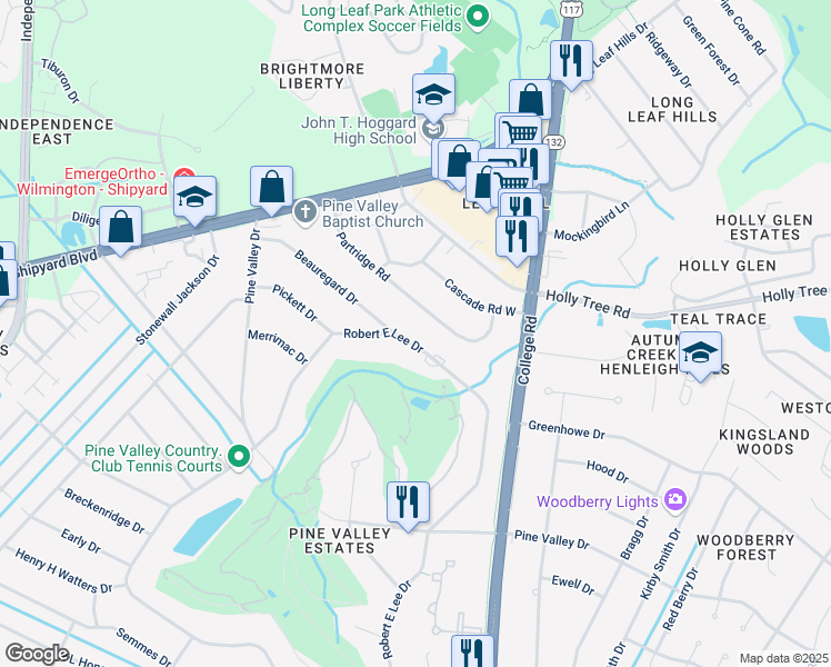 map of restaurants, bars, coffee shops, grocery stores, and more near 126 Partridge Road in Wilmington