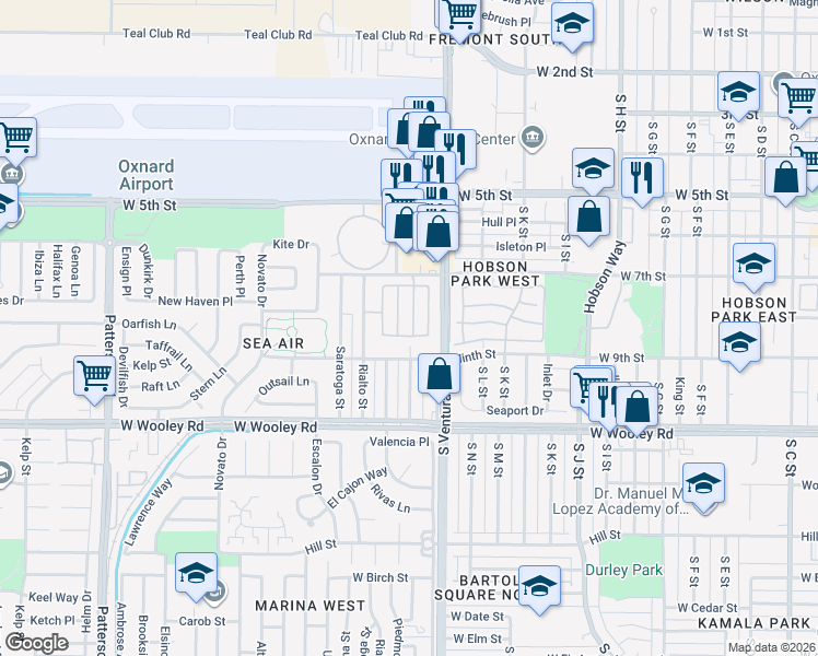 map of restaurants, bars, coffee shops, grocery stores, and more near 835 Noontide Way in Oxnard