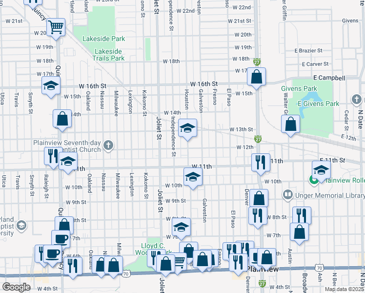 map of restaurants, bars, coffee shops, grocery stores, and more near 900 West 12th in Plainview