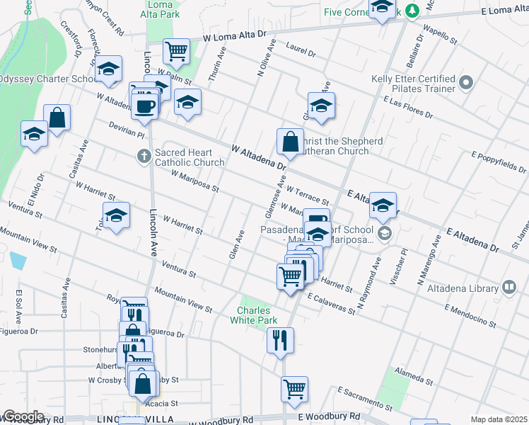 map of restaurants, bars, coffee shops, grocery stores, and more near 2821 Glenrose Avenue in Altadena