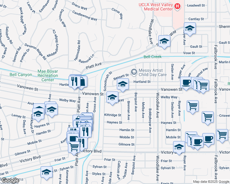 map of restaurants, bars, coffee shops, grocery stores, and more near 23417 Vanowen Street in Los Angeles
