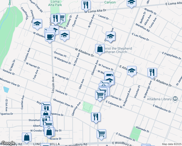 map of restaurants, bars, coffee shops, grocery stores, and more near 2821 Glenrose Avenue in Altadena