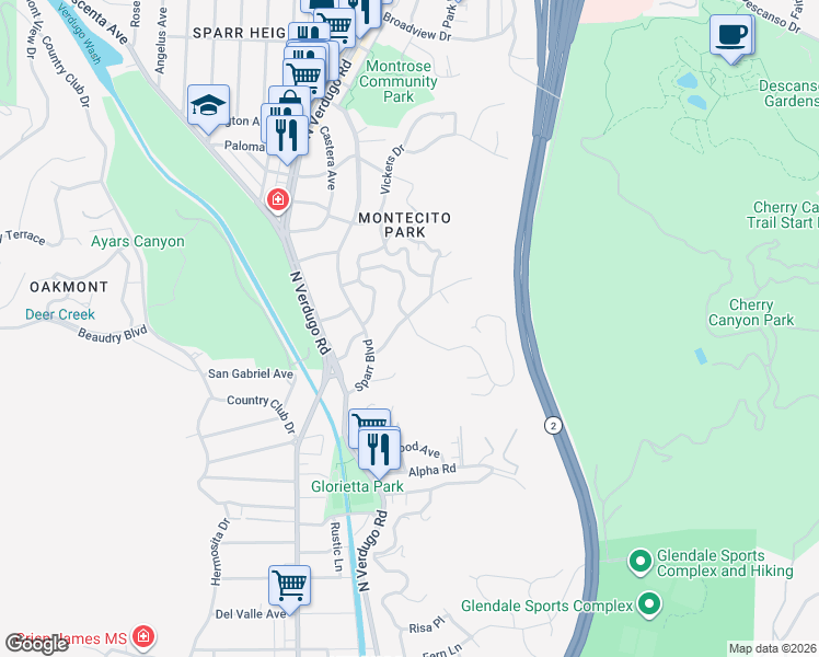 map of restaurants, bars, coffee shops, grocery stores, and more near 1944 Montecito Drive in Glendale