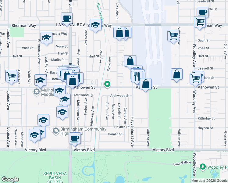 map of restaurants, bars, coffee shops, grocery stores, and more near 16629 Vanowen Street in Los Angeles