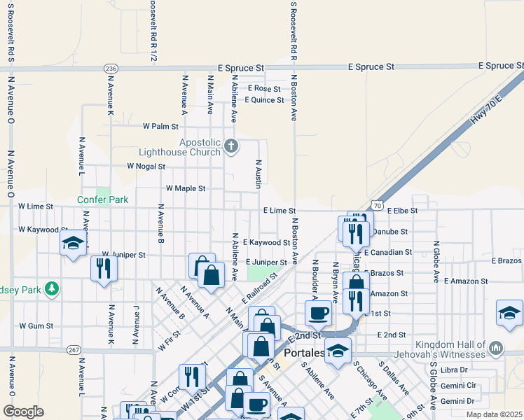 map of restaurants, bars, coffee shops, grocery stores, and more near 313 East Lime Street in Portales