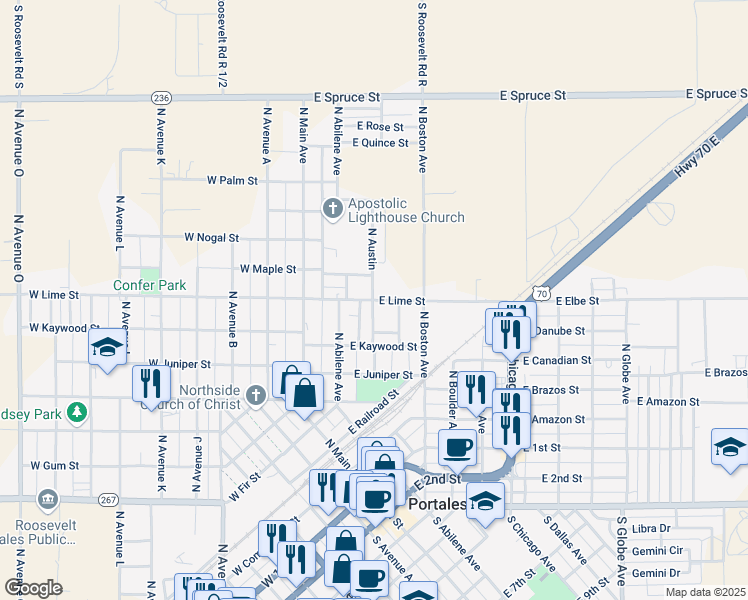 map of restaurants, bars, coffee shops, grocery stores, and more near 305 East Lime Street in Portales