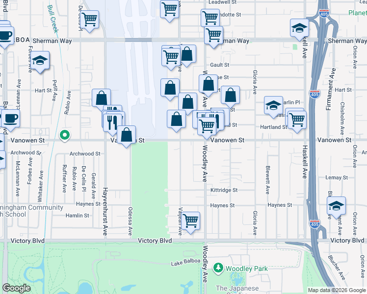 map of restaurants, bars, coffee shops, grocery stores, and more near 16145 Vanowen Street in Los Angeles