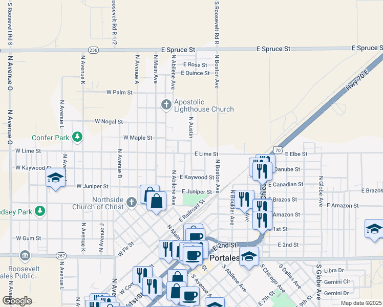 map of restaurants, bars, coffee shops, grocery stores, and more near 301 East Lime Street in Portales