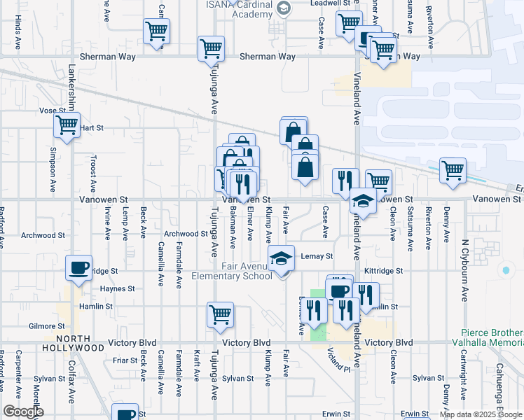map of restaurants, bars, coffee shops, grocery stores, and more near 10901 West Vanowen Street in Los Angeles