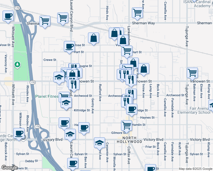map of restaurants, bars, coffee shops, grocery stores, and more near 11818 Vanowen Street in Los Angeles