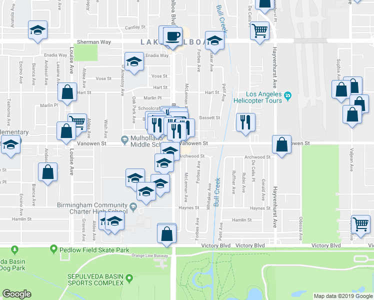 map of restaurants, bars, coffee shops, grocery stores, and more near 16860 Vanowen St in Van Nuys