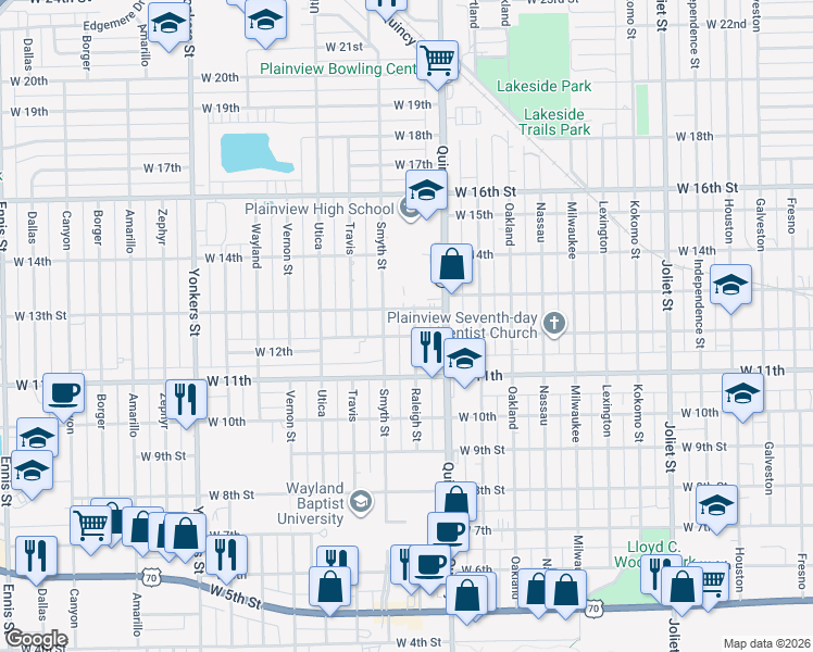 map of restaurants, bars, coffee shops, grocery stores, and more near 1901 W 13th St in Plainview