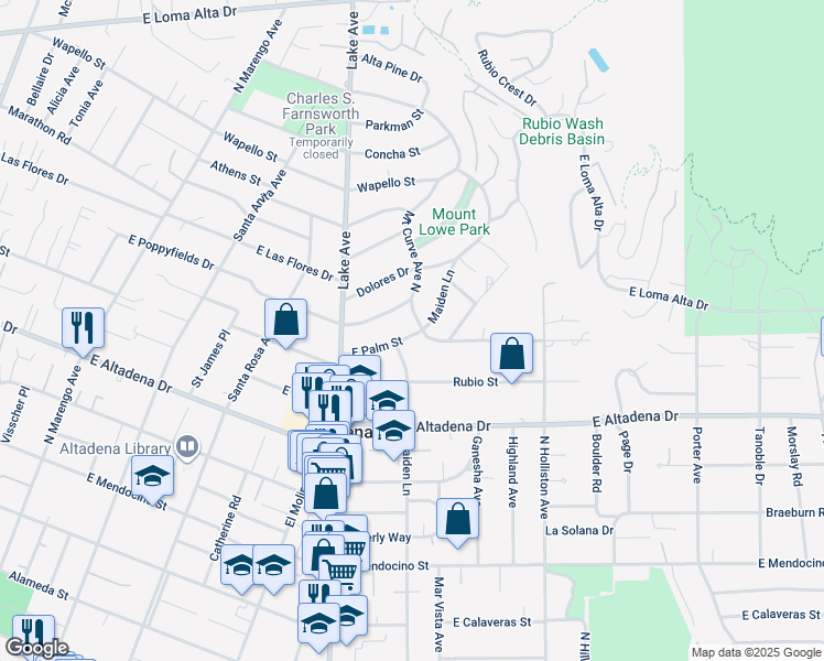 map of restaurants, bars, coffee shops, grocery stores, and more near 1077 East Palm Street in Altadena