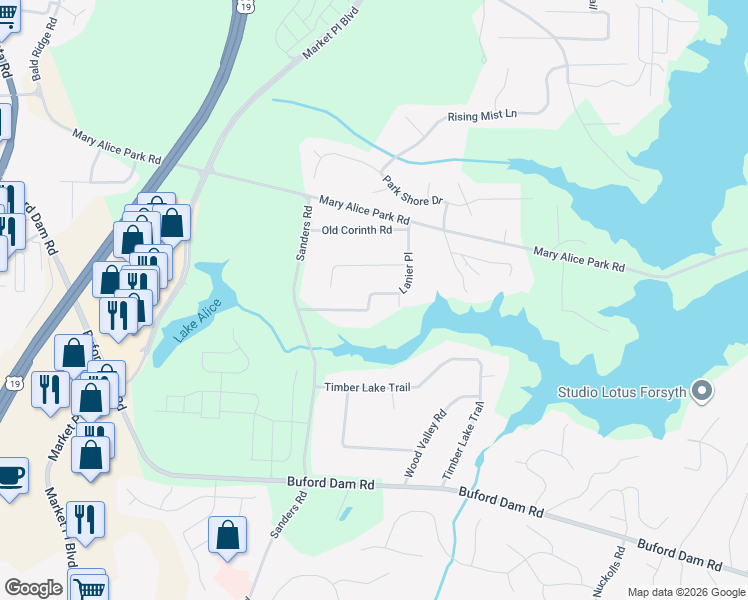 map of restaurants, bars, coffee shops, grocery stores, and more near 840 Mable Lake Road in Cumming
