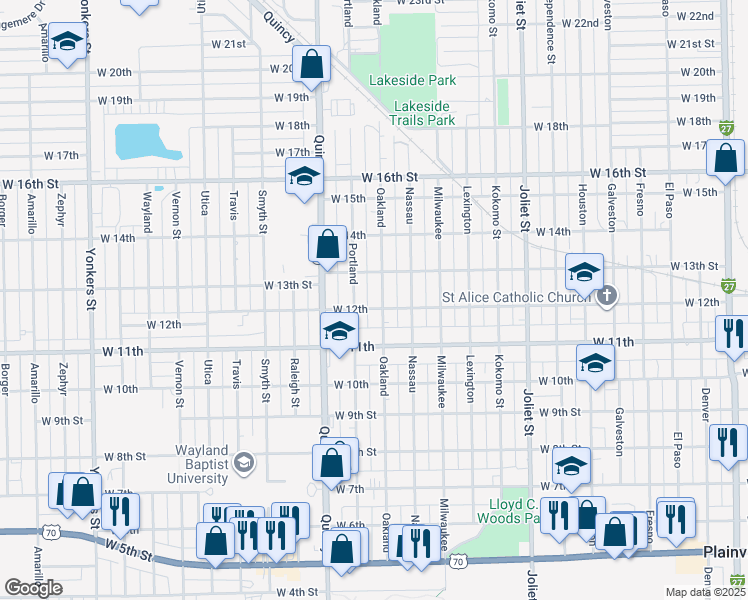 map of restaurants, bars, coffee shops, grocery stores, and more near 1211 Oakland St in Plainview