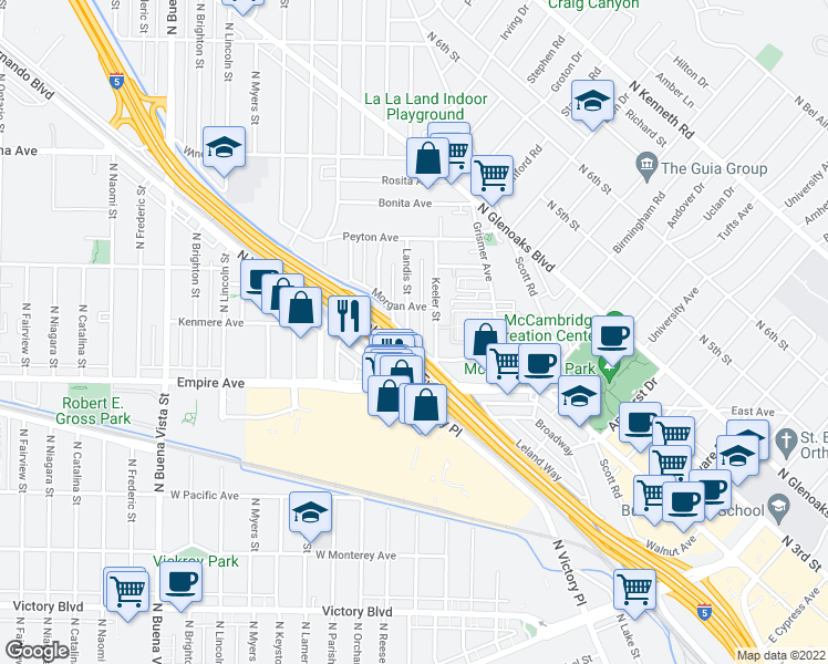 map of restaurants, bars, coffee shops, grocery stores, and more near 1702 Landis Street in Burbank
