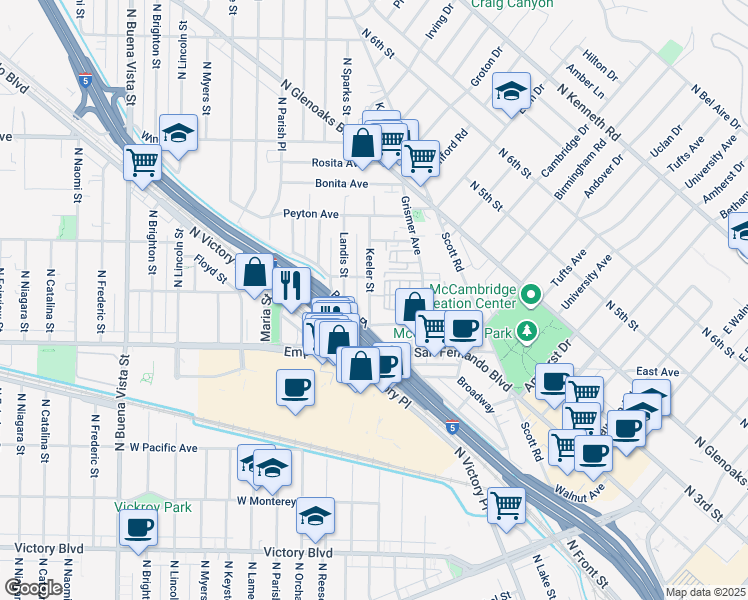 map of restaurants, bars, coffee shops, grocery stores, and more near 1710 Keeler Street in Burbank