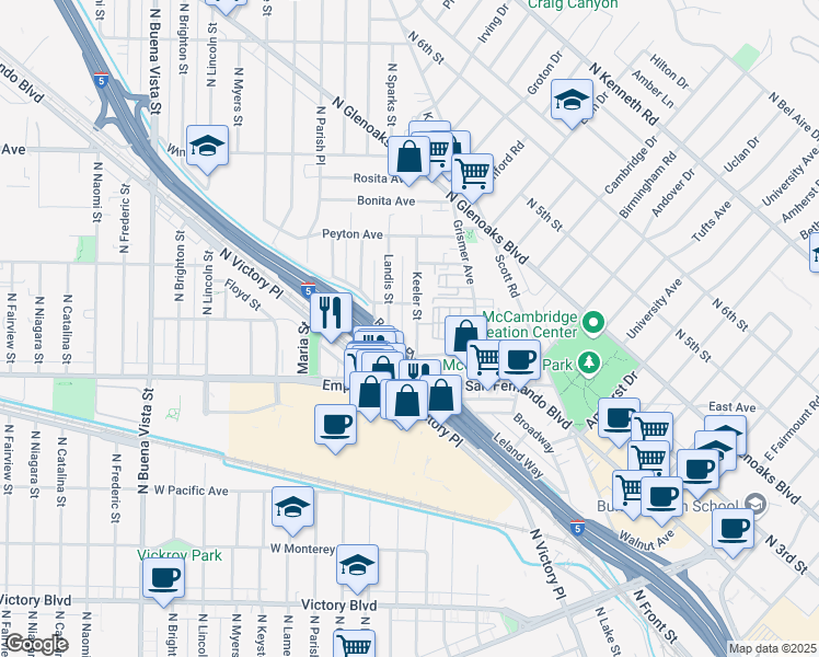 map of restaurants, bars, coffee shops, grocery stores, and more near 1707 Keeler Street in Burbank
