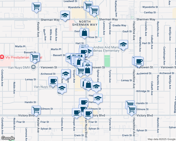 map of restaurants, bars, coffee shops, grocery stores, and more near 6801 Van Nuys in Los Angeles